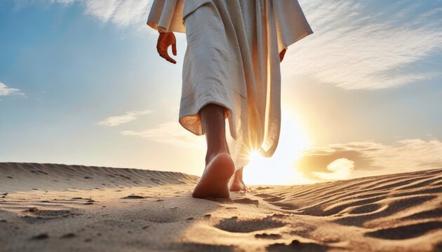 Close-up of the feet of Jesus walking on the sand towards the rising sun. Generated with AI