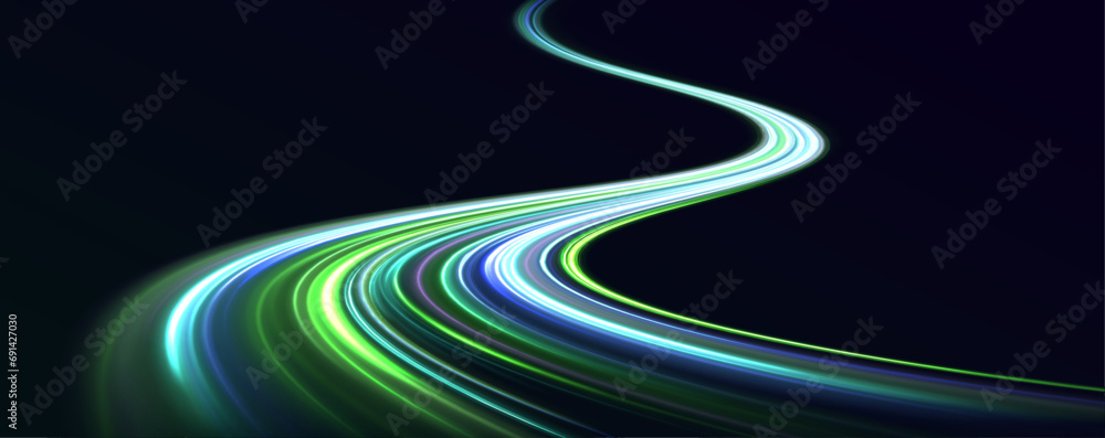 Poster acceleration speed motion on night road. laser beams luminous abstract sparkling isolated on a trans