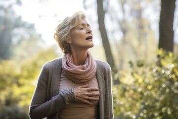 Middle-Aged Woman Suffering from Chest Pain and Wheezing Due to Respiratory Disease in a Park - obrazy, fototapety, plakaty