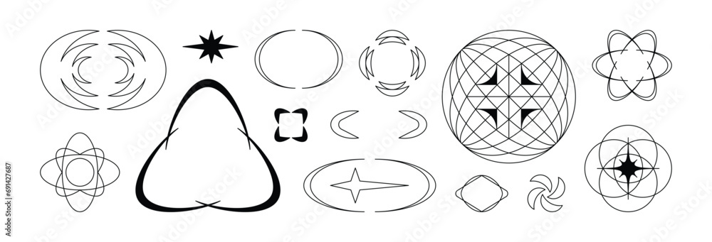 Poster Vector minimal geometric illustrations set, futuristic digital trendy abstract aesthetic linear compositions, prints, frames and graphic design elements, y2k and brutalist style stars and sparkles