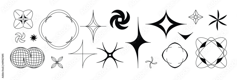 Poster vector minimal geometric illustrations set, futuristic digital trendy abstract aesthetic linear comp