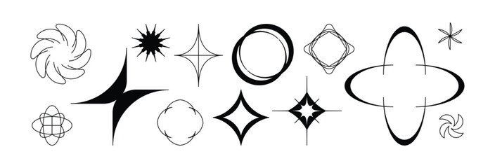 Vector minimal geometric illustrations set, futuristic digital trendy abstract aesthetic linear compositions, prints, frames and graphic design elements, y2k and brutalist style stars and sparkles