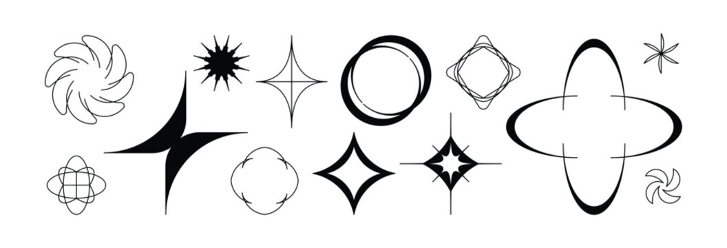 Vector minimal geometric illustrations set, futuristic digital trendy abstract aesthetic linear compositions, prints, frames and graphic design elements, y2k and brutalist style stars and sparkles