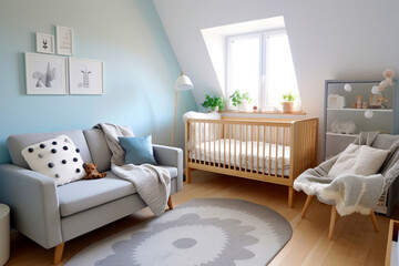 A unique modern interior of a children's room with elements of Scandinavian design, a cozy bed for a child and a bright color scheme, creates a harmonious and cozy world for a child