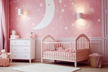 A cozy bedroom for a little girl with a combination of pink and starry night decor on the wall will help create an atmosphere of peace and comfort.