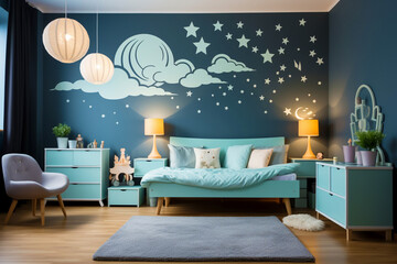A delightful room for a boy with a night sky, moon and stars on the wall. Modern furniture provides comfort and coziness.