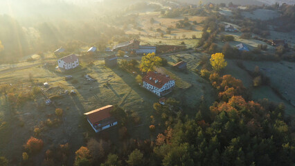 Kastamonu on autumn season highlands and small village on sunset light and fog on forest