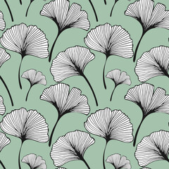 Seamless pattern, hand drawn ginkgo biloba leaves on a green background. Background, print, elegant textile, vector