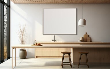 Kitchen Interior Mockup Featuring a Cozy Atmosphere with 3D Poster .