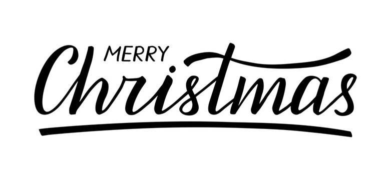 Merry Christmas. Hand lettering. Modern brush ink calligraphy. Beautiful handwritten word with thin and thick lines. Black text isolated on white background. Greeting card. Vector.