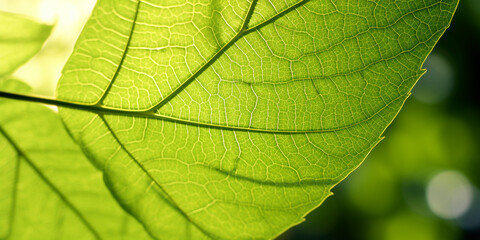 Obraz premium Close-up of a green leaf on a sunny day with blurry background, nature, Generative AI