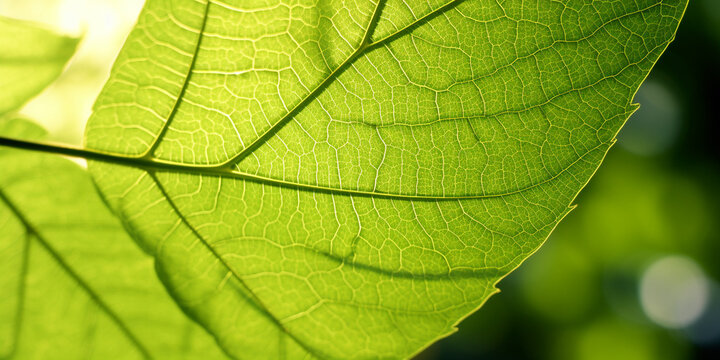 Close-up of a green leaf on a sunny day with blurry background, nature, Generative AI
