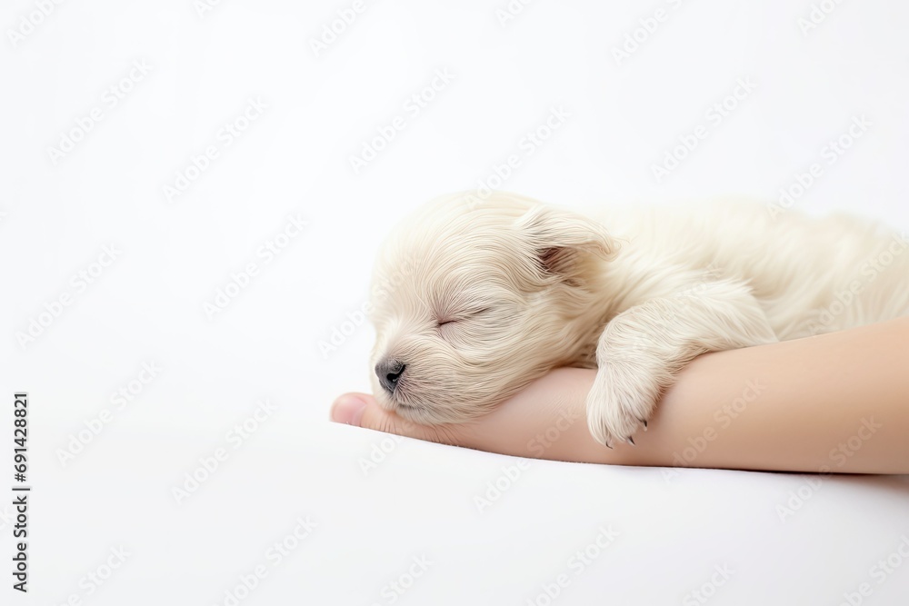 Wall mural Newborn puppy lying on the palm of a young girl.