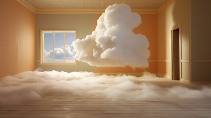 Generative AI, White and golden fantastic 3d clouds in the room interior, sky and landscape. Gentle colors and with bright lights.	
