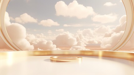 Generative AI, White and golden fantastic 3d clouds in the room interior, sky and landscape. Gentle colors and with bright lights.	
 - obrazy, fototapety, plakaty