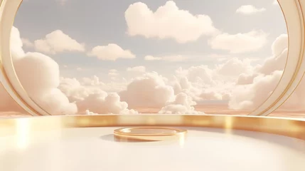 Foto op Plexiglas Generative AI, White and golden fantastic 3d clouds in the room interior, sky and landscape. Gentle colors and with bright lights.   © DELstudio
