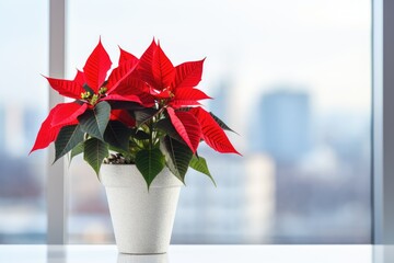 Poinsettia indoor flower stands on the windowsill against the background of the window