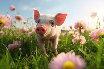 Little pig standing in a field of grass and flowers