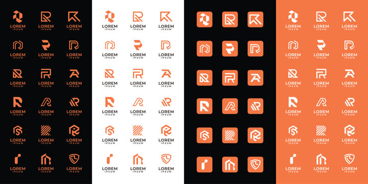 Set of abstract letter R , with orange color style, icons for all businesses
