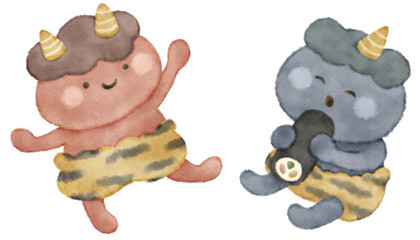 ふんわりかわいい赤鬼と青鬼のイラスト素材　節分の日