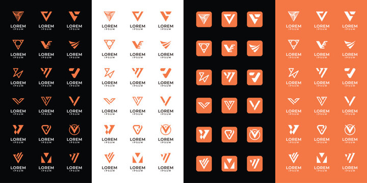 Set of abstract letter V , with orange color style, icons for all businesses