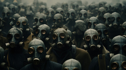 Crowd in gas masks - obrazy, fototapety, plakaty