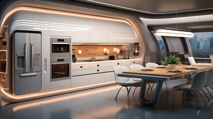 High-tech kitchen featuring smart appliances and a futuristic design