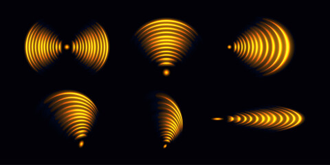 Yellow Golden Wi-Fi neon glowing icon. Glowing signal sensor waves internet wireless connection. Wireless technology digital radar or sonar with glowing light effect. Vector - obrazy, fototapety, plakaty