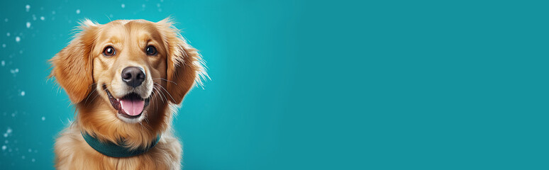 A beautiful and cute golden retriever dog on a turquoise background. Banner, a place for the text on the right and advertising