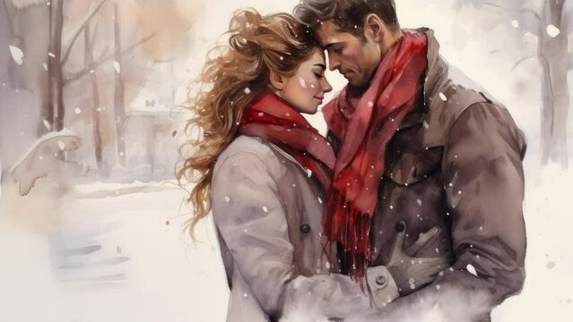 Winter, snow, love, man and woman a watercolor painting of a man and a woman kissing in the snow with a scarf around their neck and a - Seamless loop animation, created using AI Generative Technology