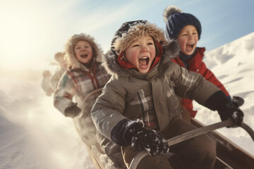Fototapeta na wymiar Group of excited children riding sled, play in the snow, laughing and having fun. Children enjoying winter holiday riding sledge. Positive kids enjoying snowy winter