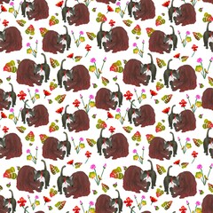 Animal love, Hugging dog and cat with leaves and flowers. Raster pattern. Love pattern, Valentine s day pattern