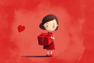 Illustration of Adorable Girl Wrapped in Love's Embrace, Valentines day card