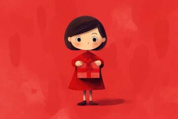 Illustration of Adorable Girl Wrapped in Love's Embrace, Valentines day card