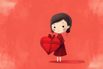Illustration of Adorable Girl Wrapped in Love's Embrace, Valentines day card