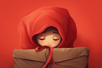 Illustration of Adorable Girl Wrapped in Love's Embrace, Valentines day card