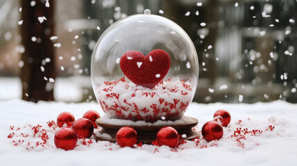 Valentine's Day background with glass ball with red heart symbol inside on a beautiful dark lighting blurred background. Love concept.