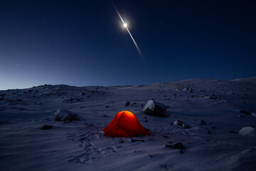 Tent in the middle of nowhere under the moon