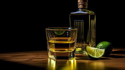 Mexican Gold Tequila with lime and salt on dark background