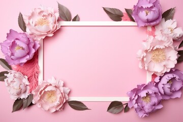 A frame of handcrafted paper peonies and roses in shades of pink and purple, leaf accents around a frame mockup on a pastel pink background