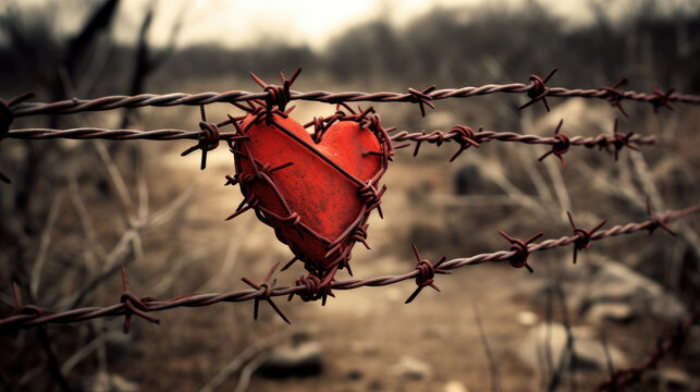 A red heart symbol wrapped in barbed wire fence. Valentines day and love concept.