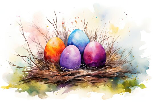 A nest of artistically painted watercolor Easter eggs, nestled among abstract brushstrokes and natural elements