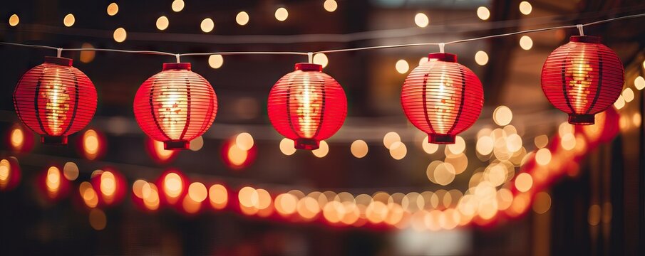 Red hanging lantern traditional Asian decor on blurred night street. Chinese lantern festival. New Year abstract greeting background with copy space. Design for poster, card, banner	