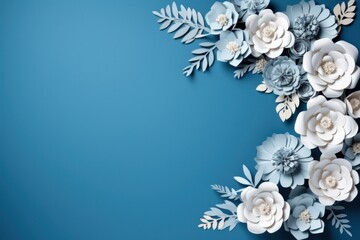 Paper floral border frame arrangement in shades of blue, with white flowers and detailed paper leaves against a sky blue background - 691431415