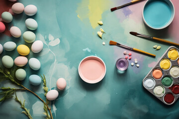 Setting for decorating Easter eggs with pastel-colored eggs, bowls of paint, brushes, and scattered flower petals on a colorful abstract background