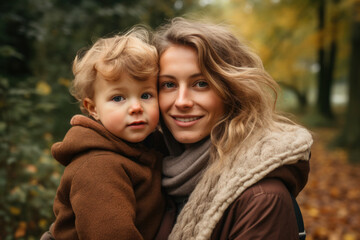 Fototapeta na wymiar Portrait of a mother holding her child, both dressed in warm earth tones, complementing the autumn leaves around them