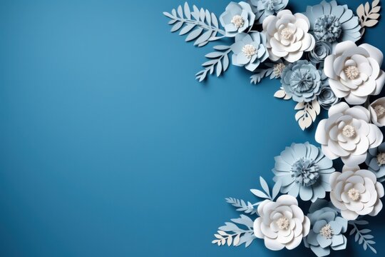Paper floral border frame arrangement in shades of blue, with white flowers and detailed paper leaves against a sky blue background
