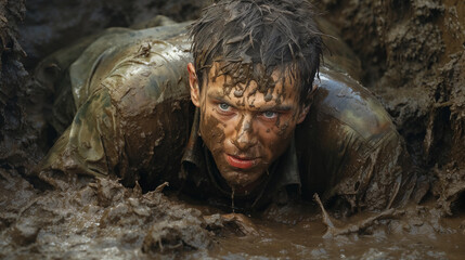 A soldier is crawling through mud and is covered in dirt.