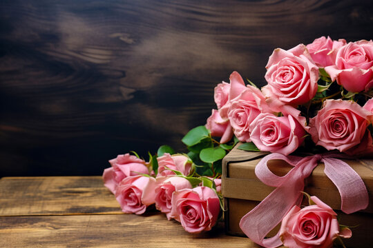 An image of pink and red roses in a beautiful box with a pink ribbon bow on the side.
