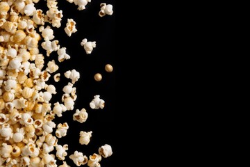 Popcorn and golden kernels creating a half frame on a black background, cinema premiere promotion campaign design